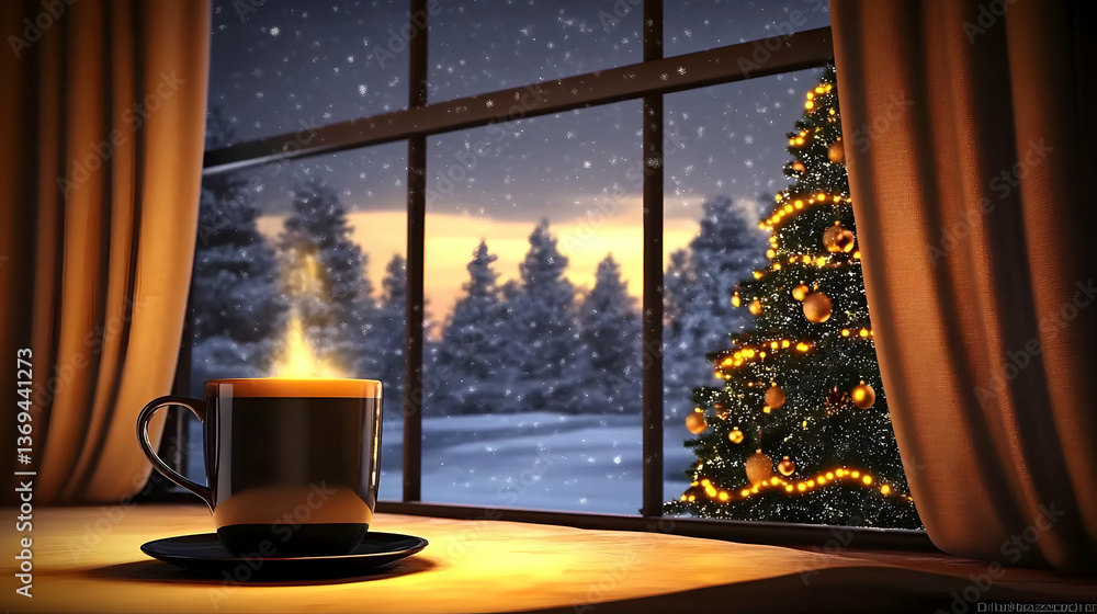Poster 3d render of a steaming coffee mug near a window showing a snowy winter scene with a decorated chris