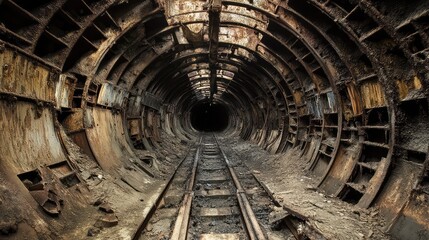 An abandoned underground tunnel with crumbling walls, rusted metal rails, and scattered debris, creating a sense of mystery and neglect.