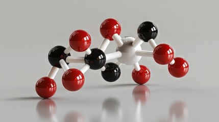 Abstract molecular structure with connected red, white, and black spheres illustrating atomic connections.