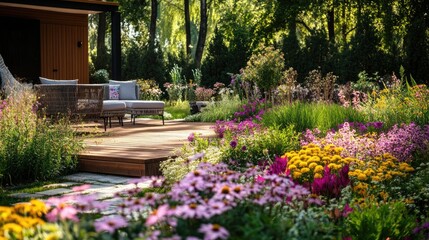 Serene Garden with Vibrant Flowers and Cozy Outdoor Seating Area
