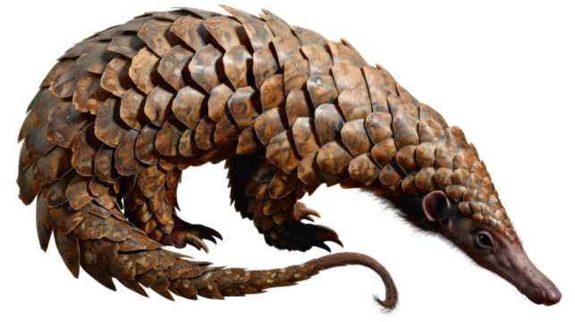 Pangolin Close-Up: An image revealing the intricate scaled armor of the pangolin. The animal is observed as it carefully sniffs the ground in its natural habitat. 