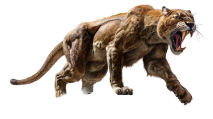 Ancient Predator Unleashed: A fearsome, detailed depiction of a smilodon, or saber-toothed cat, in a dynamic pose, capturing its raw power and prehistoric essence.