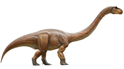 Fototapeta premium Dinosaur Brachiosaurus: A majestic Brachiosaurus, a giant sauropod, strides confidently across a prehistoric landscape, with its long neck reaching towards the sky.
