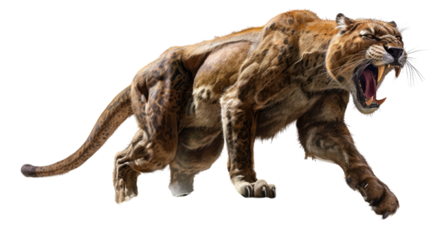 Ancient Predator Unleashed: A fearsome, detailed depiction of a smilodon, or saber-toothed cat, in a dynamic pose, capturing its raw power and prehistoric essence.
