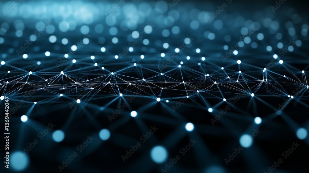 Poster abstract network of interconnected glowing nodes, representing technology and data connections.