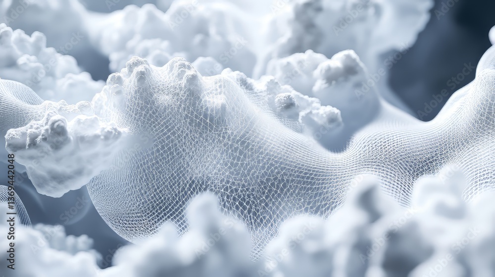Poster abstract mesh landscape merging with cloud-like formations, a blend of structure and ethereal softne
