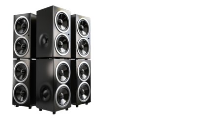 Stack of Speakers: a collection of professional-grade speakers, arranged in a neat stack, perfect for music enthusiasts.