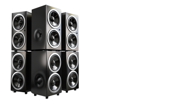Stack of Speakers: a collection of professional-grade speakers, arranged in a neat stack, perfect for music enthusiasts.