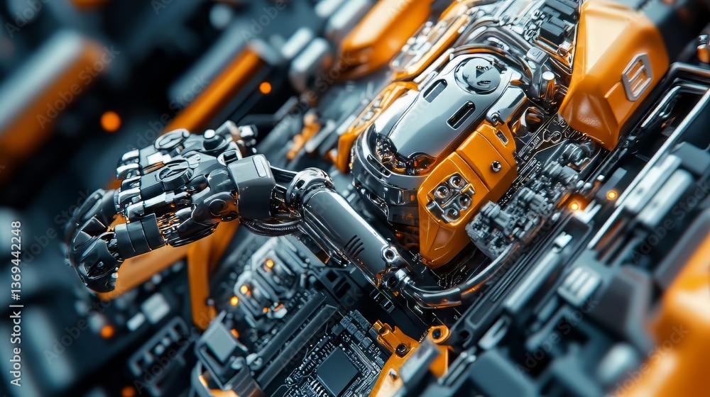 Poster detailed close-up of a humanoid robot showcasing advanced engineering and intricate mechanical compo