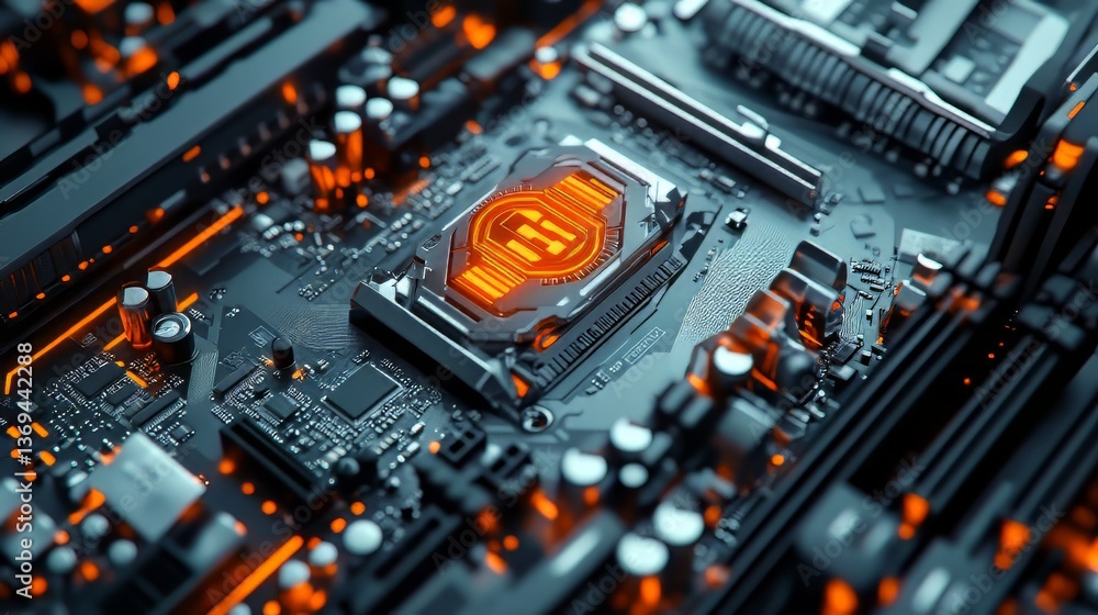 Poster close-up of a high-tech motherboard highlighting a glowing central processing unit socket with orang