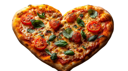 Love on a Plate: A heart-shaped pizza, a delicious symbol of affection and culinary artistry, topped with vibrant tomatoes and fresh basil.