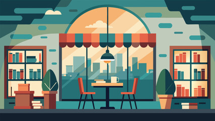 A quaint coffee shop with tall windows letting in abundant sunlight where readers gather to indulge in their favorite books.. Vector illustration