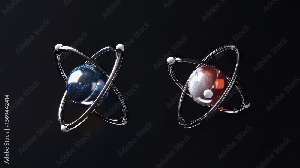 Poster stylized 3d atom model: abstract depiction of molecular structure with orbiting rings and central sp