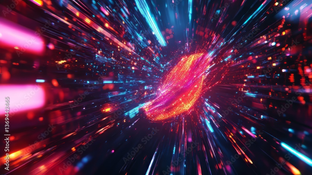 Aufkleber abstract burst of colorful light trails converging on a central glowing sphere. futuristic data stre