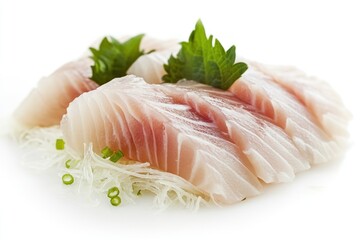 A simple yet elegant presentation of hamachi (yellowtail) sashimi, garnished with grated daikon and shiso leaf, isolated on white.