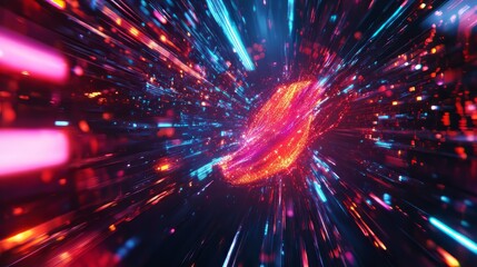 Abstract burst of colorful light trails converging on a central glowing sphere. Futuristic data stream.