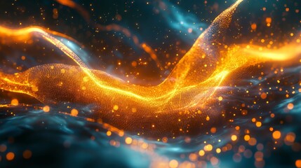 Abstract glowing waves of light form flowing shapes in an ethereal, sparkling blue and orange space.