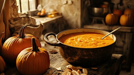 Rustic Pumpkin Soup in a Vintage Kitchen with Seasonal Decor