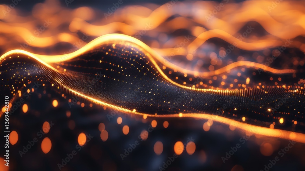 Poster abstract glowing golden data streams create flowing waves of light against a dark background.