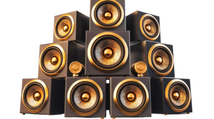Echo Symphony: An array of modern sound systems, meticulously arranged, their warm gold and ebony tones resonating with the promise of aural excellence.