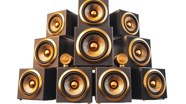 Echo Symphony: An array of modern sound systems, meticulously arranged, their warm gold and ebony tones resonating with the promise of aural excellence.