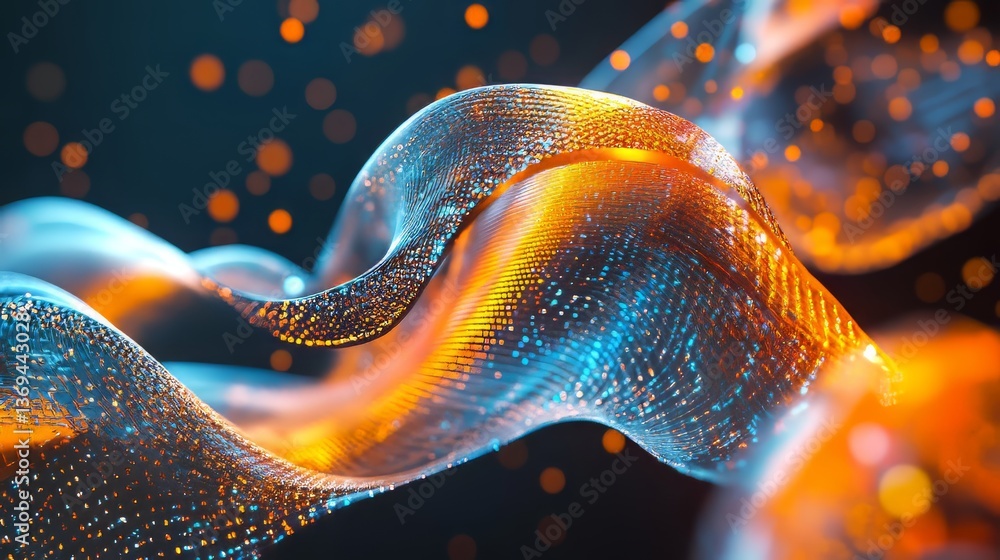 Poster abstract data flow visual with vibrant light particles and gentle curves on a dark background.