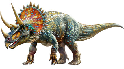 Naklejka premium Triceratops Illustration: A stunning illustration of a Triceratops, a prehistoric giant with its iconic frill and horns, depicted in a vibrant, realistic style.
