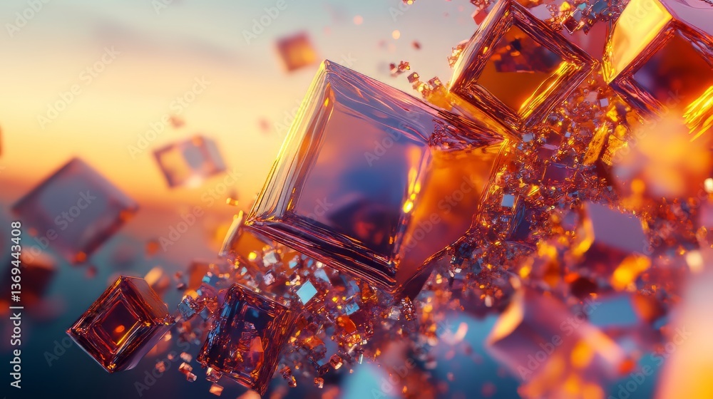 Poster abstract shimmering cubes floating against a bright gradient background, creating a sense of depth.