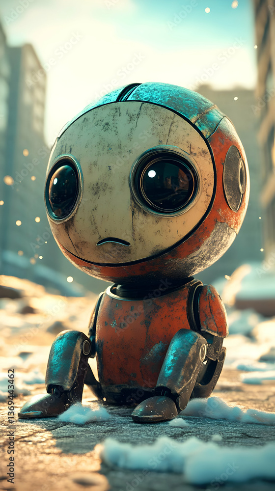 Poster a rusty little robot sits sadly in a desolate, post-apocalyptic cityscape, 3d render