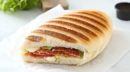 Closed sandwich with BLT with mayo in a panini bread, with fresh garnish, realistic food photography