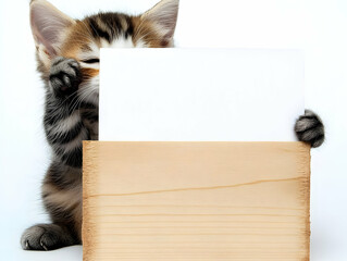 Adorable Kitten Shyly Holding Blank White Paper and Wooden Board,  Cute Pet Image,  Perfect for Pet Adoption or Animal Welfare Campaigns
