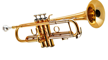 Obraz premium Golden Trumpet: A gleaming golden trumpet, a symbol of musical artistry, lies in pristine isolation, showcasing its polished brass and intricate design.
