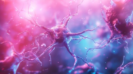 Abstract neuron cell glowing in pink and blue, branching out. Neural network concept. Microscopic view.