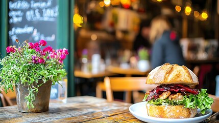 Fototapeta premium Closed sandwich with grilled chicken and avocado in a baguette loaf, cut in half revealing the filling, gourmet editorial style