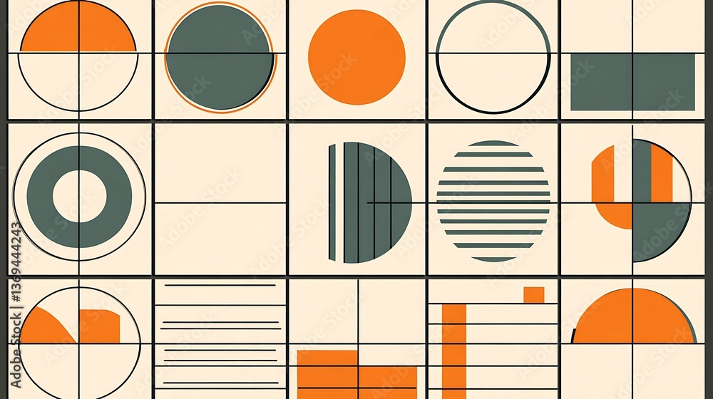 Poster geometric shapes are arranged in a grid with varying colors
