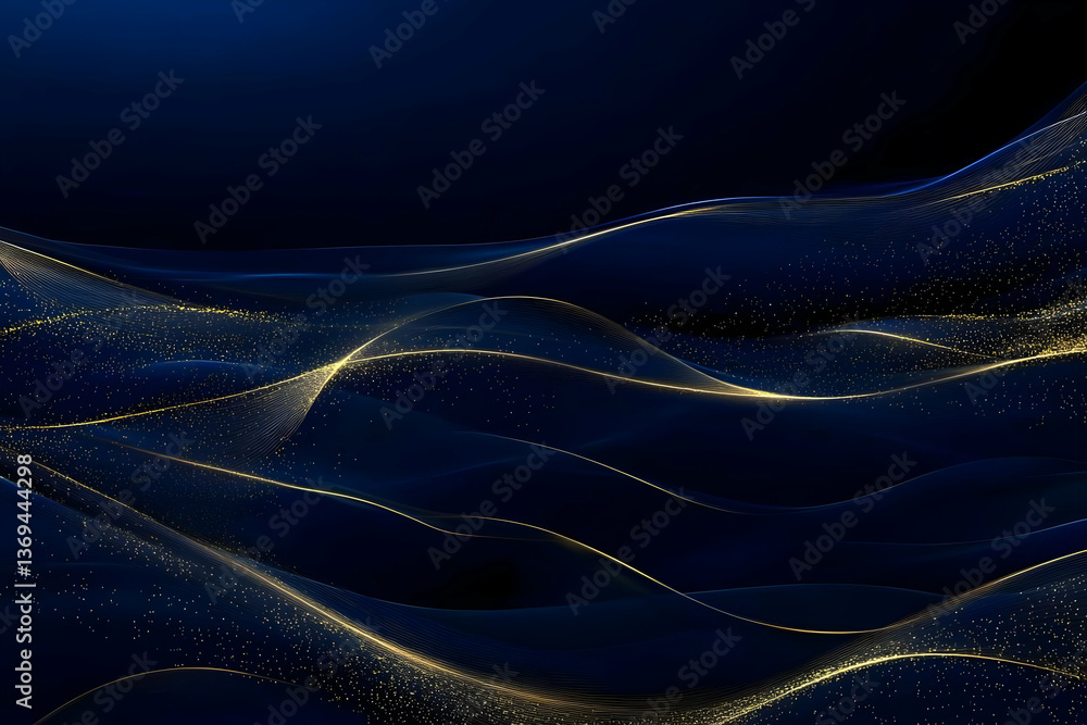 Poster abstract 3d rendering of golden waves flowing on a dark blue background with sparkling particles
