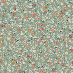 Floral pattern. Beautiful red, pink and green flowers on a green background. Seamless vector texture. Spring bouquet in vintage style.