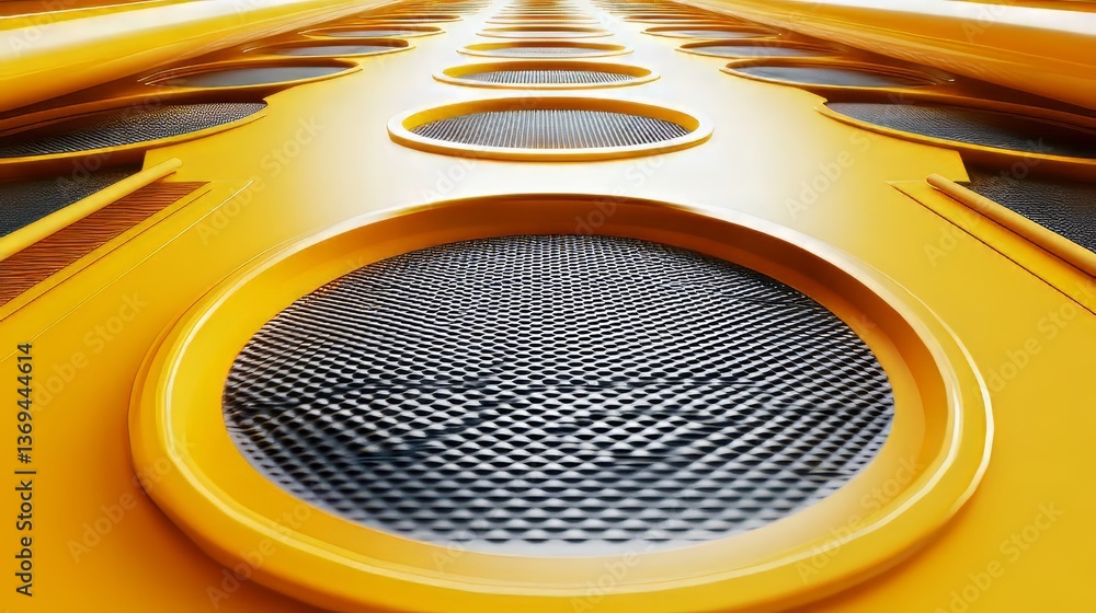 Poster Yellow grid with circular windows receding into distance; industrial design with bright color and texture.