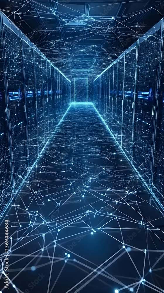 Aufkleber 3d digital network illustration: data streams flowing through a server room corridor, illuminating a