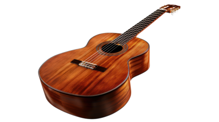 Classical Guitar: A detailed shot of a classic acoustic guitar, showcasing its warm wooden tones, elegant design, and intrinsic craftsmanship. The instrument emanates artistry and a love for music.