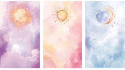 Watercolor astrology and tarot symbols Celestial Watercolor Sun Moon And Stars Sky Background