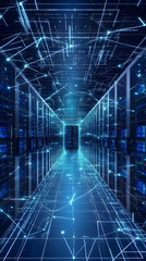 Abstract 3D Illustration of a Data Center Corridor with Glowing Network Connections, Representing Digital Infrastructure and Connectivity