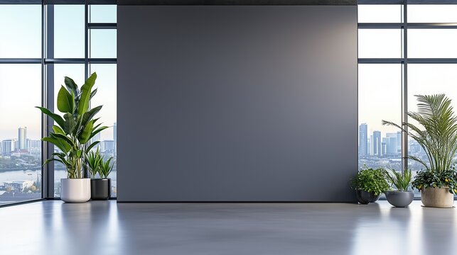 Empty gray office wall mockup with panoramic view of concrete floor and plants in modern interior design. 3D rendering template for advertising banner, company branding presentation, corporate identit