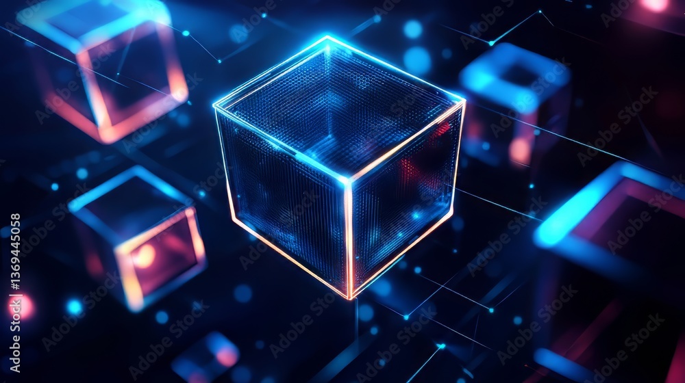 Aufkleber abstract cubes with glowing edges on a dark background create a futuristic digital landscape.