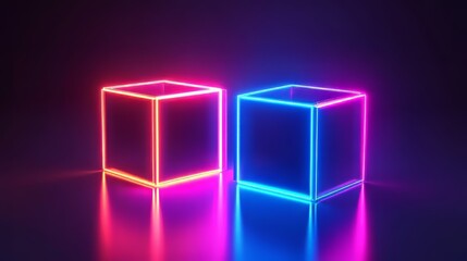 Two neon cubes, one pink and one blue, glow brightly on a reflective surface against a dark background.