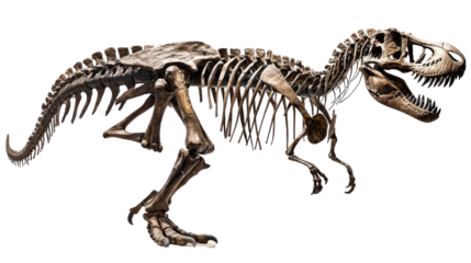 Ancient Giant: The formidable skeleton of a Tyrannosaurus Rex, a prehistoric predator, stands against a neutral backdrop, providing a detailed look at the bones