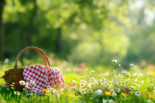 Peaceful picnic basket with red checkered cloth in sunny wildflower meadow