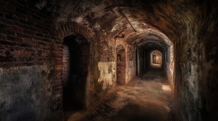 Obraz premium An underground tunnel with exposed brick walls, long narrow path, and dim lighting, creating a sense of intrigue and isolation.