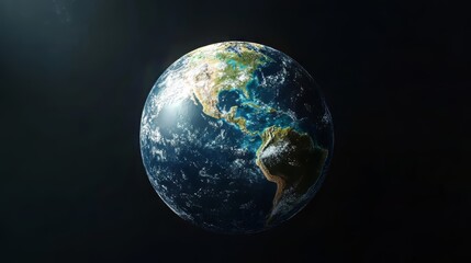 Fototapeta premium Realistic Earth model displaying land and ocean detail against dark background, showcasing its beauty.