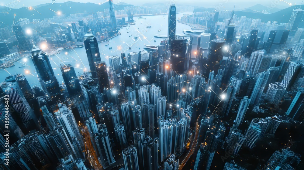 Poster connected cityscape: high-angle view of modern metropolis with digital network overlay for data conn